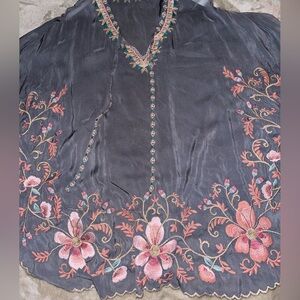 RARE FIND! Johnny Was Gray Floral Embroidered Top/ Poncho with Gold Trimmings